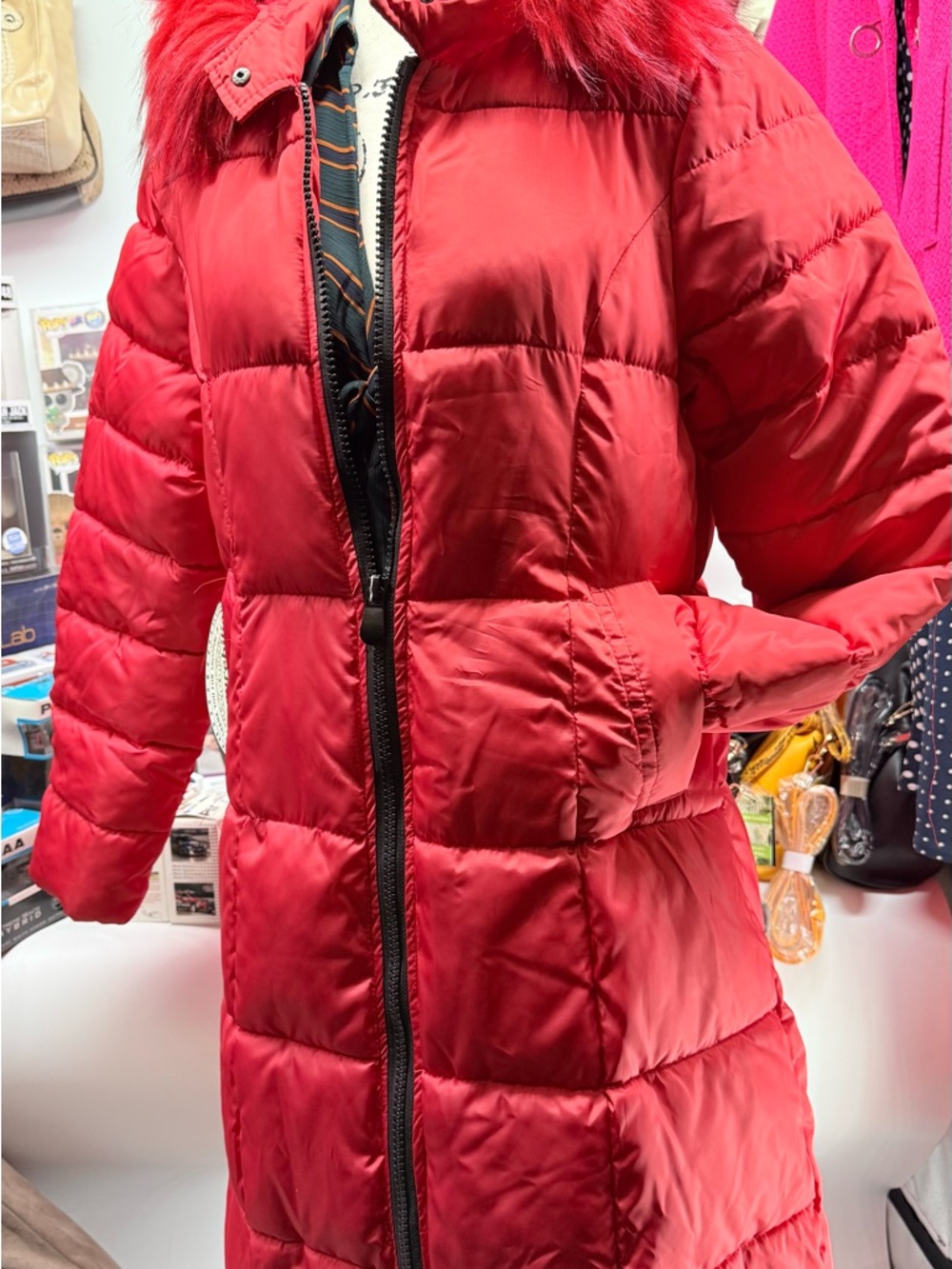 Red Puffer Coat with removable Faux Fur Trim - Women Top/bottom zip with pocket